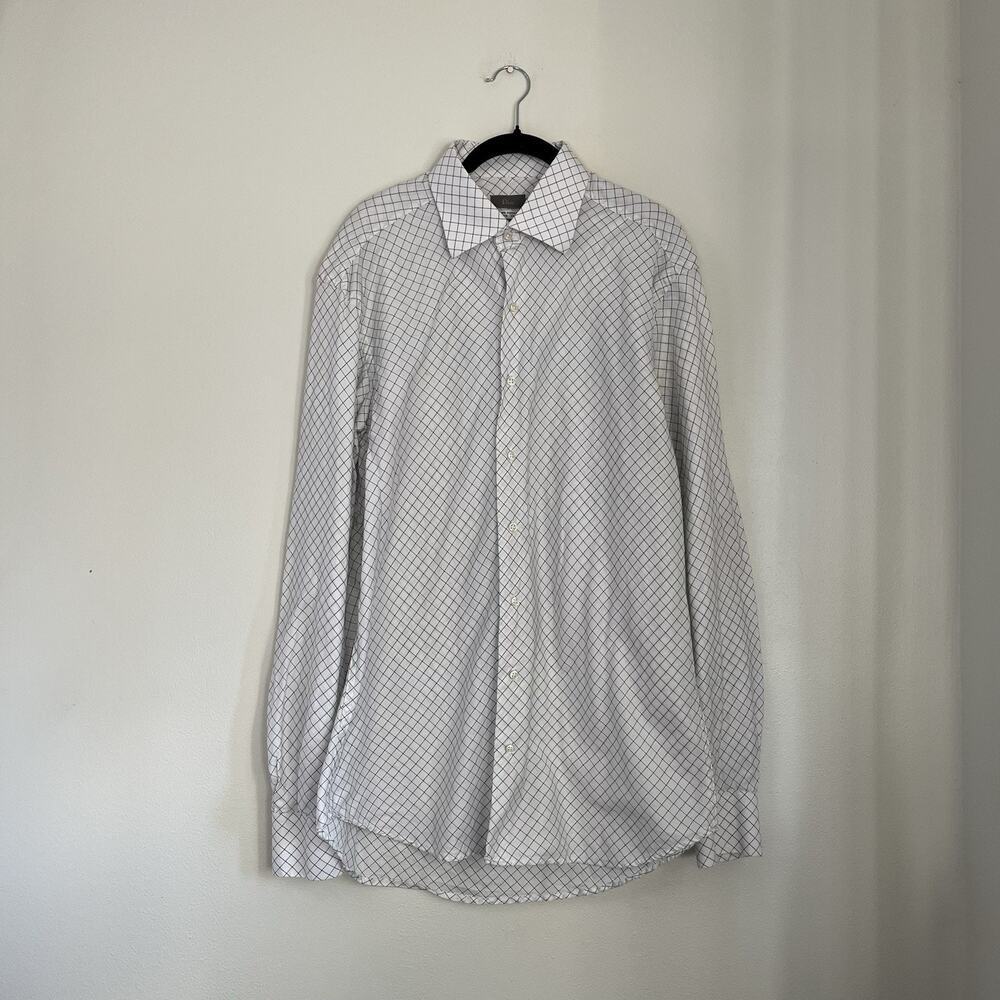 Dior Vintage Long sleeve Button Up Shirt White Grid Size 42 16.5 100% Cotton